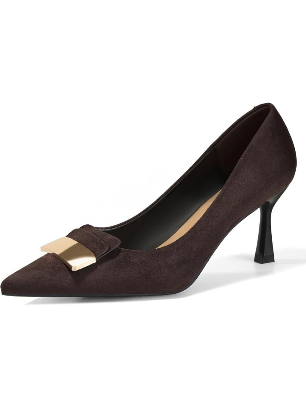 Women's Dark Brown Heel Lambskin Insole Pointed Toe Metal Deco Dressy Shoes
